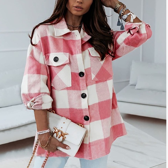 Beautiful Soft Comfy Cream Pink Plaid Checker Cozy Brush Button Pocket Shacket - Picture 7 of 8